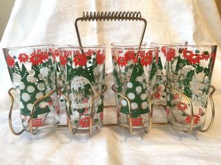 Vtg MCM CONTINENTAL CAN CO (CCC) Christmas Juice Glasses Set of 8 w/ Holder T15 2