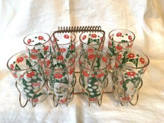 Vtg MCM CONTINENTAL CAN CO (CCC) Christmas Juice Glasses Set of 8 w/ Holder T15 3