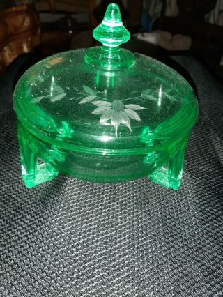 Art Deco Etched Glass Covered Candy Dish Green Vaseline Glass