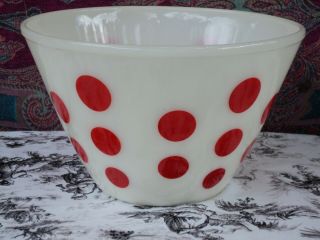 Fire King Red Polka Dots Splash Proof 8 1/2 Inch Mixing Bowl Vintage Milk Glass