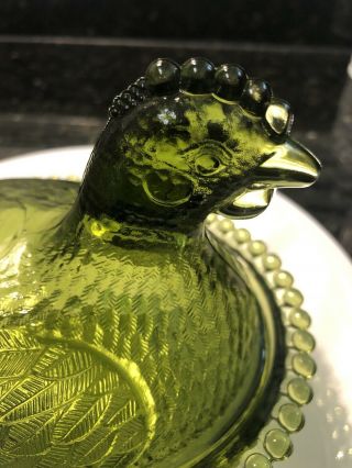 Vintage Green Glass Hen on Nest Covered Candy Dish w/Lid 3