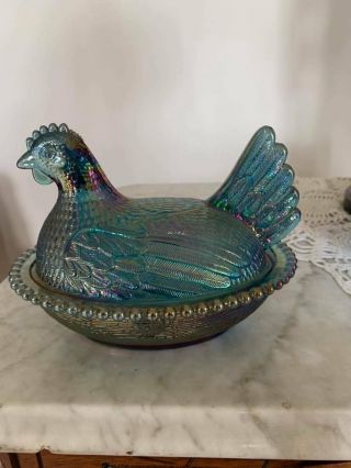 Vintage Carnival Glass Iridescent Blue Chicken Hen On Nest