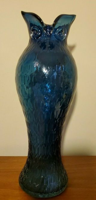 Large 14 " Tall X 4.  5 " Wide Blue Honeycomb Blown Glass Owl Vase