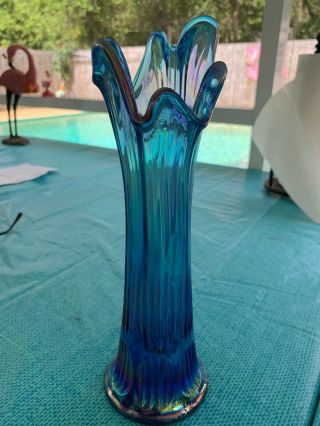 Vintage Blue Carnival Glass Fenton Vase 11 " Fine Rib Oval Mark Flute Ruffle Rim