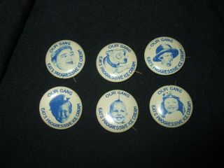 6 Vintage Little Rascals " Our Gang Eats Progressive Ice Cream " Pinback Buttons