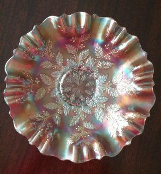 Fenton Vintage Carnival Glass Round Bowl,  Holly Pattern,  Marigold