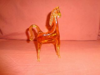 Rare Vintage Italian Murano Hand Blown Orange Stripe Amber Glass Horse Ornament