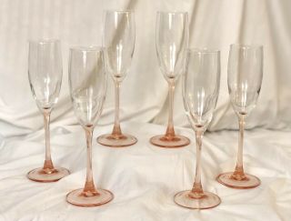 Set Of 6 Vintage Luminarc France Pink Rose 8 3/4 " Champagne Flutes