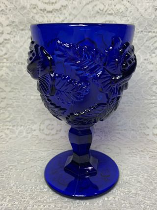 Fenton / L.  G.  Wright Madonna Inn - Wild Rose Goblet Cobalt Blue 6 1/2 " Glass - Euc