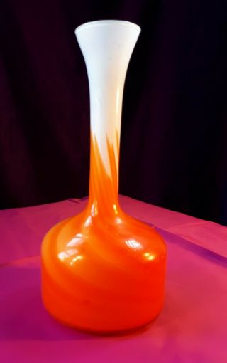 Vintage 1970s Hand - Blown Art Glass Vase.  Molten Opaque Orange Swirl Into White