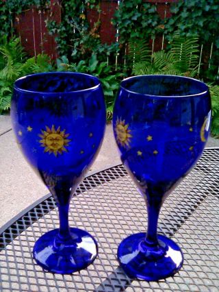Set Of 2 Libbey Celestial Sun Moon Stars Cobalt Blue Wine Stem Goblets 10oz