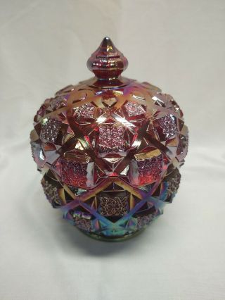 Westmoreland Old Quilt Ruby Carnival Large Covered Sugar Or Candy Dish