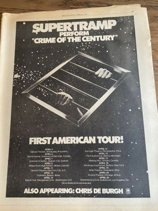 Supertramp Crime Of The Century Tour Dates Poster Ad Flyer 1975 Rare Rs