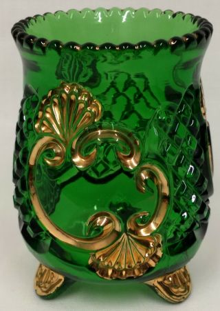 Eapg Riverside Glass Croesus Emerald Green Gold Gilded 3 Footed Vase Spooner
