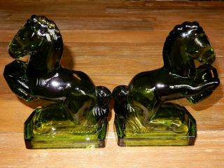Vintage L.  E.  Smith Emerald Green Blown Glass Rearing Horse Mcm Book Ends