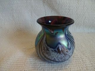 Okra Irredescent Glass Vase In Blue 2.  75 " High