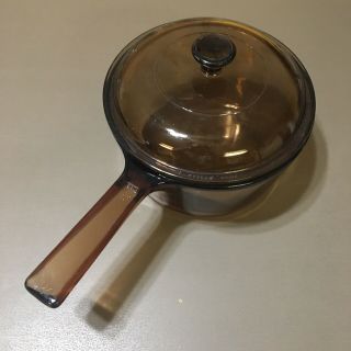Vintage Corning Pyrex Vision Ware 1.  5 L Amber Glass Saucepan Non Vent Lid Usa
