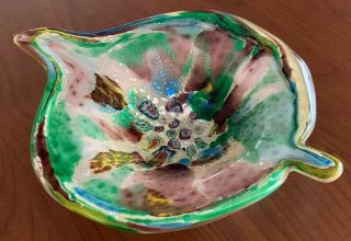 Vintage Mid Century Murano Art Glass Green Purple Tutti Frutti Leaf Shaped Bowl