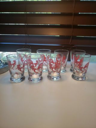 Set Of 8 Vintage Libbey Red Rooster Juice Glasses 6 Oz 4 " Tall