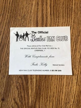 The Beatles Early Fan Club U.  K.  1963 Memorabilia Insert ‘freda Kelly’