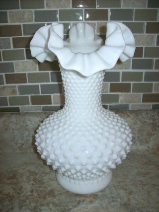 Vintage Fenton Hobnail Ruffle Milk Glass Vase 10.  5 Inches