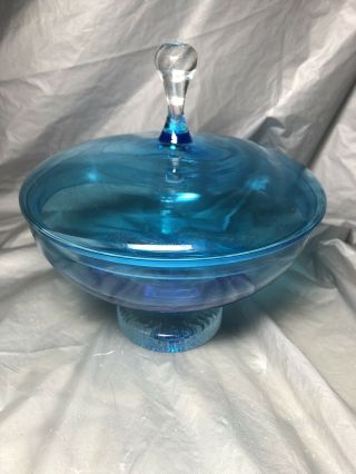 Mcm Blue Glass Covered Pedestal Compote Bowl Dish