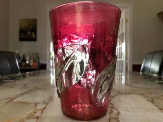 Vtg Blenko Ruby Red Cranberry Crackle Glass Vase Clear Raised Leaves Hand Blown