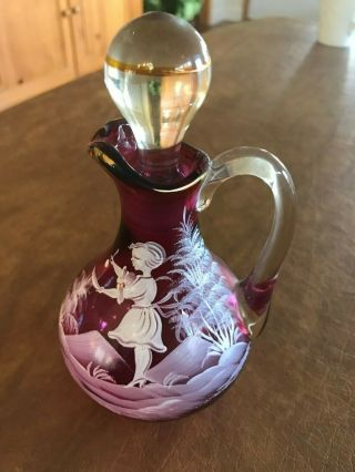 Vintage Cranberry Glass Fenton Mary Gregory Hand - Painted Vinegar Cruet