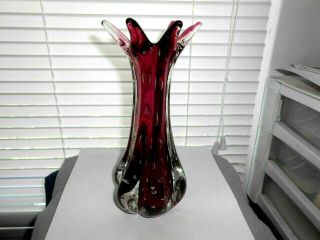 Vintage Murano Italian Purple Art Glass Controlled Bubble Stretched Ribbed Vase