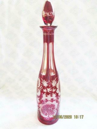 Bohemian Czech Moser Style Cut To Clear Glass Decanter 15.  1/4 " Tall Stag & Birds