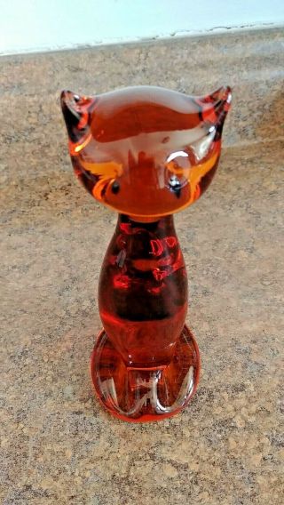 Vintage Viking Glass Amber Cat Paperweight Figurine