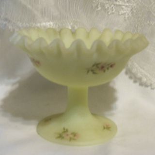 Vintage Fenton Satin Custard Glass - Hand Painted,  Signed And Stamped Compote