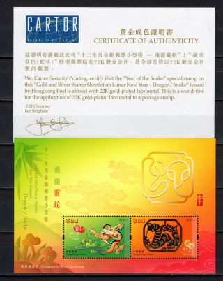 Hong Kong 2013 China Year Dragon Snake Gold Silver Plated M/s Mnh Stamps