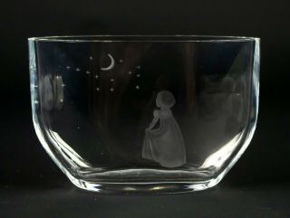 Orreffors Cut Wish To The Moon Crystal Vase,  Vintage Swedish Art Glass 6.  5 "