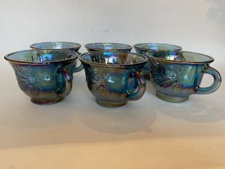 Harvest Grape Blue Iridescent Carnival Glass Punch Glass Set Of 6 Vtg Vintage