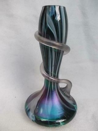1036 / Antique Bohemian / Czech Hand Blown Iridescent Glass Vase With Trailing