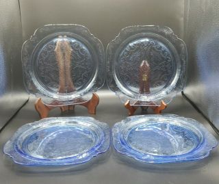 Vintage Blue Federal Madrid Depression Glass Dinner Plates Set Of Four 10 1/2 "