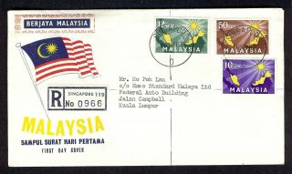 Malaysia 1963 Inauguration First Day Cover Regd From Singapore (singapore Cds)
