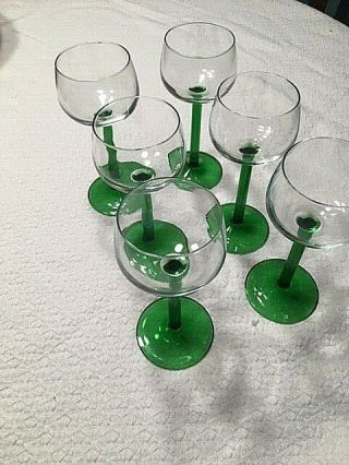 Set Of 6 Vintage Luminarc Green Stem Wine Glasses 6 - 3/8“ France