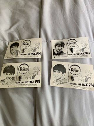 The Beatles 1964 Official Tie Tack Pins All 4 On Cards