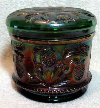 Antique Cambridge Green Inverted Strawberry Pattern Carnival Glass Powder Jar