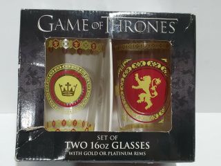 Game Of Thrones House Lannister 2 Pint Glasses 16 Oz Lion Gold Rim Red Yellow