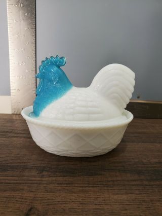 Westmoreland Milk Glass Hen In Basket Box Blue Head 5 3/8  L 4.  25  W