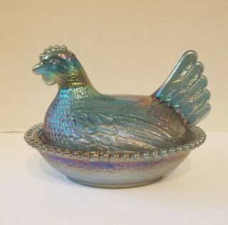 Vintage Carnival Indiana Glass Iridescent Blue Chicken Hen On Nest Candy Dish