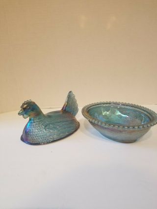Vintage Carnival Indiana Glass Iridescent Blue Chicken Hen On Nest Candy Dish 3