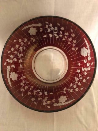 10 " Ruby Cut To Clear Etched Floral Design Art Glass Serving Bowl