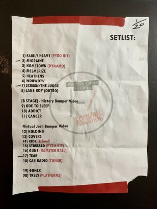Twenty One Pilots Auth.  Tour Setlist.  1/20/17 York