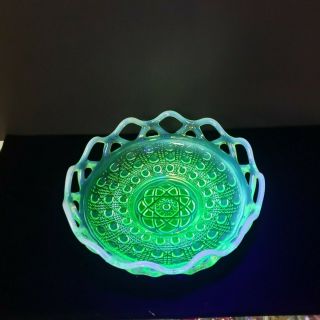 Katy Green Opalescent Imperial Glass Bowl Open Lace Trim Cane & Button Uranium