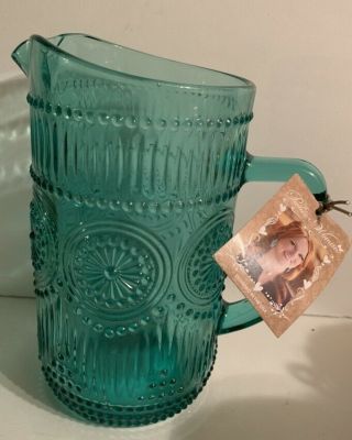Pioneer Woman Decorative Glass Pitcher 1.  5l Adeline Vintage Design Turquoise