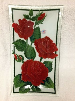 Peggy Karr Large Size Roses Rectangular Tray With Label 13 1/2 X 7 3/4